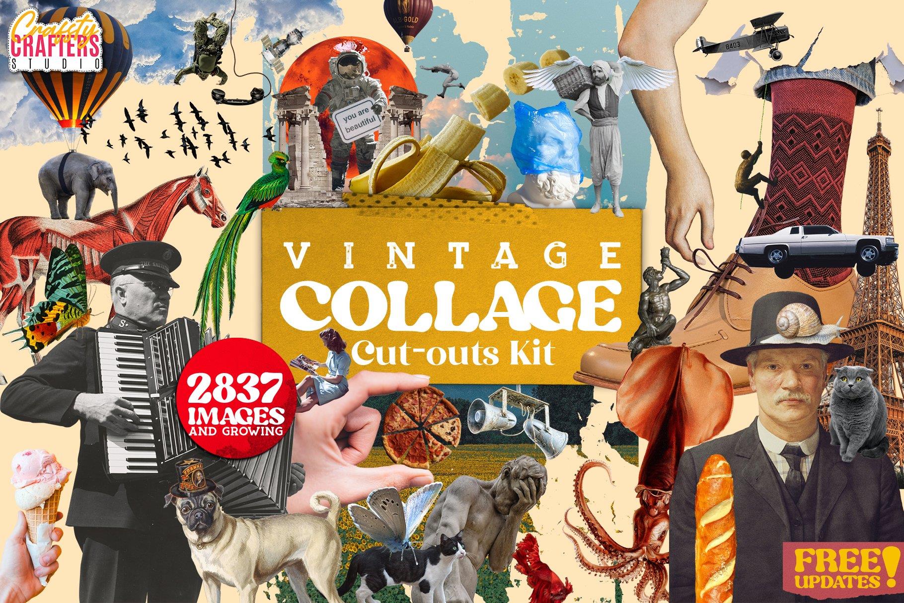 Vintage Collage Kit 2837+ Elements 复古拼贴套件、雕像、太空、人物、汽车、植物和花卉剪纸、插图独特艺术元素 – DUNEFILM