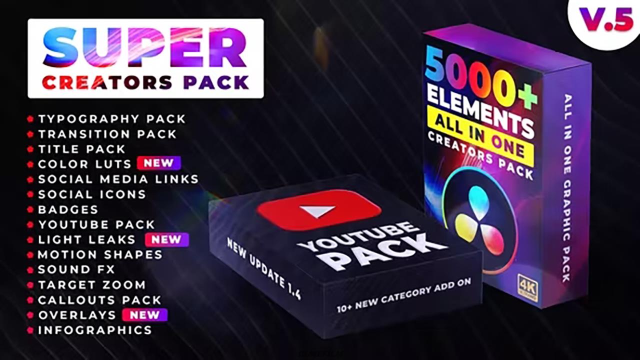 Super Creators Pack 超级创作者(5000+ 元素) 转场过渡 标题 漏光 LUT DaVinci Resolve 达芬奇模板 – DUNEFILM