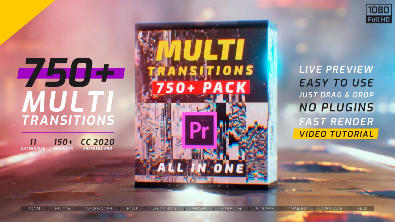 Multi Transitions Pack 750多个过渡：故障、缩放、相机、置换、平坦、摇动、拉伸、取景器、果冻卷、条纹、胶片 – DUNEFILM