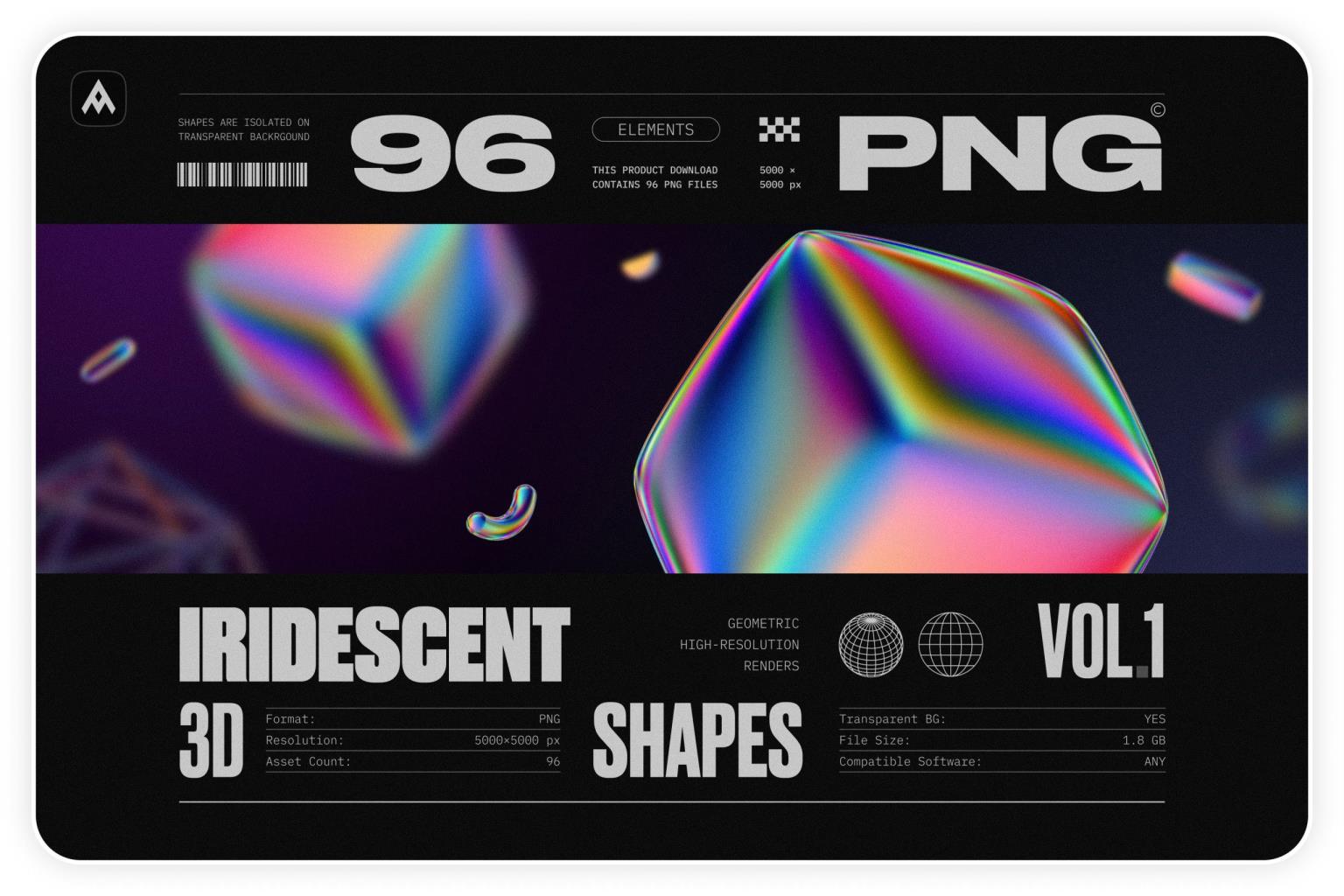 Iridescent geometric 3D shapes VOL.1 - 96个高分辨率彩虹渐变色几何 3D形状渲染