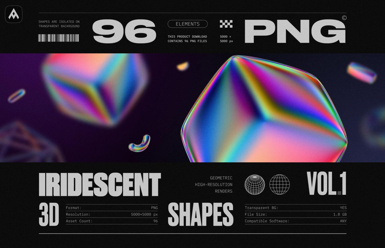 Iridescent geometric 3D shapes VOL.1 – 96个高分辨率彩虹渐变色几何 3D形状渲染 – DUNEFILM