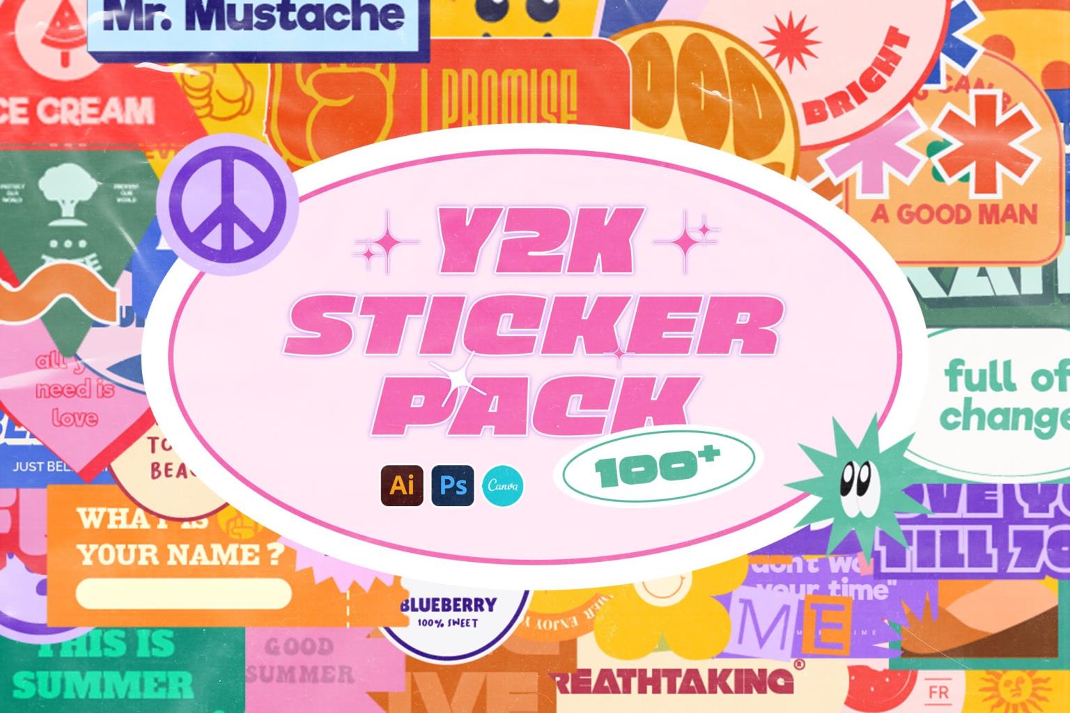 Y2K Sticker Pack 100种矢量AI、PNG、EPS 可编辑潮流贴纸包 – DUNEFILM