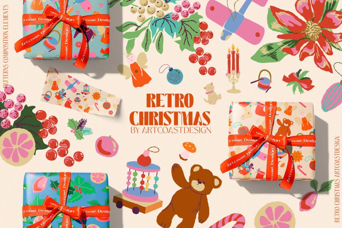 Retro Christmas Toys & Flowers 复古圣诞玩具和鲜花Art Poster装裱海报AI矢量元素精美插图 – DUNEFILM