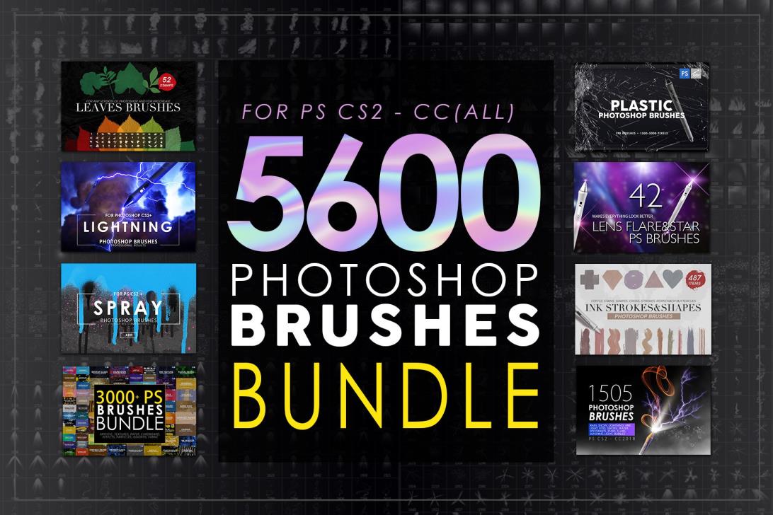 5600 Photoshop Brushes Bundle Photoshop笔刷套装 艺术画笔、纸张纹理、喷雾、树叶、绘画形状巨大画笔包 – DUNEFILM