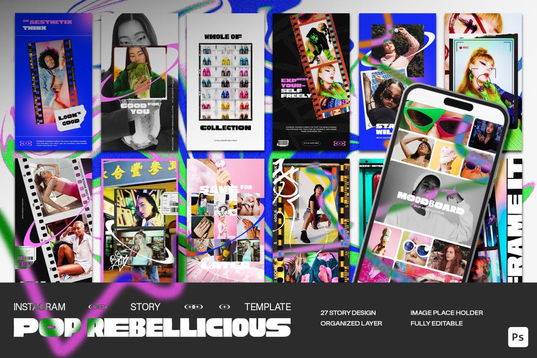 Pop Rebellicious – Instagram Story 27个时尚海报图形电影胶片帧 Photoshop模板 – DUNEFILM