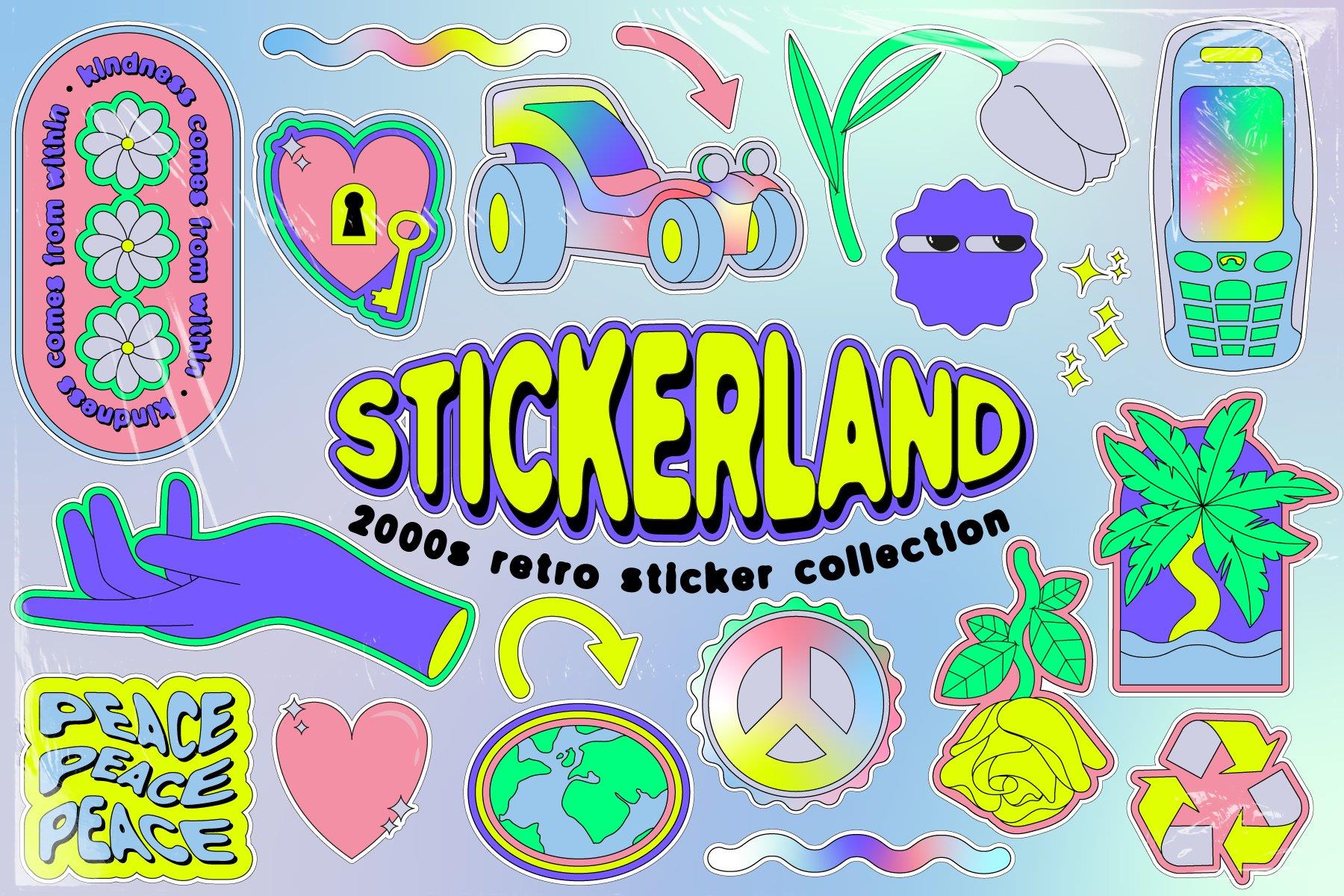 STICKERLAND 2000s Vector Set 复古贴纸元素多彩缤纷霓虹色调PNG、AI矢量集 – DUNEFILM