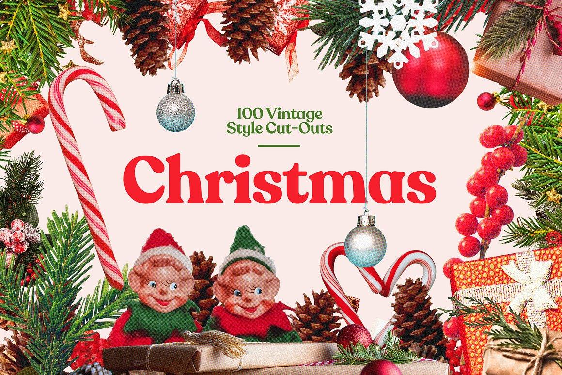 100+ Vintage Christmas Cut-Outs 100多种复古半色调颗粒效果PNG圣诞剪纸 – DUNEFILM