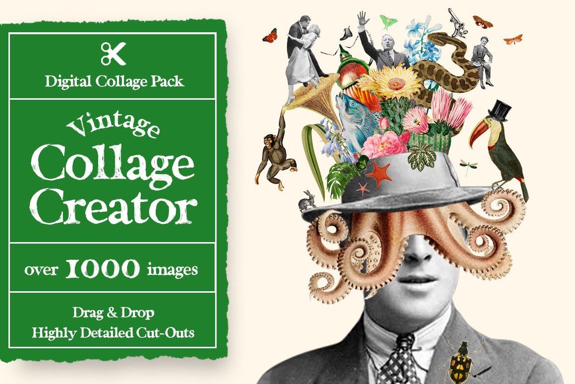 Vintage Collage Creator 1000+ Images 复古拼贴剪贴画 花卉、植物绿色植物、海洋生物、1000多张免扣PNG