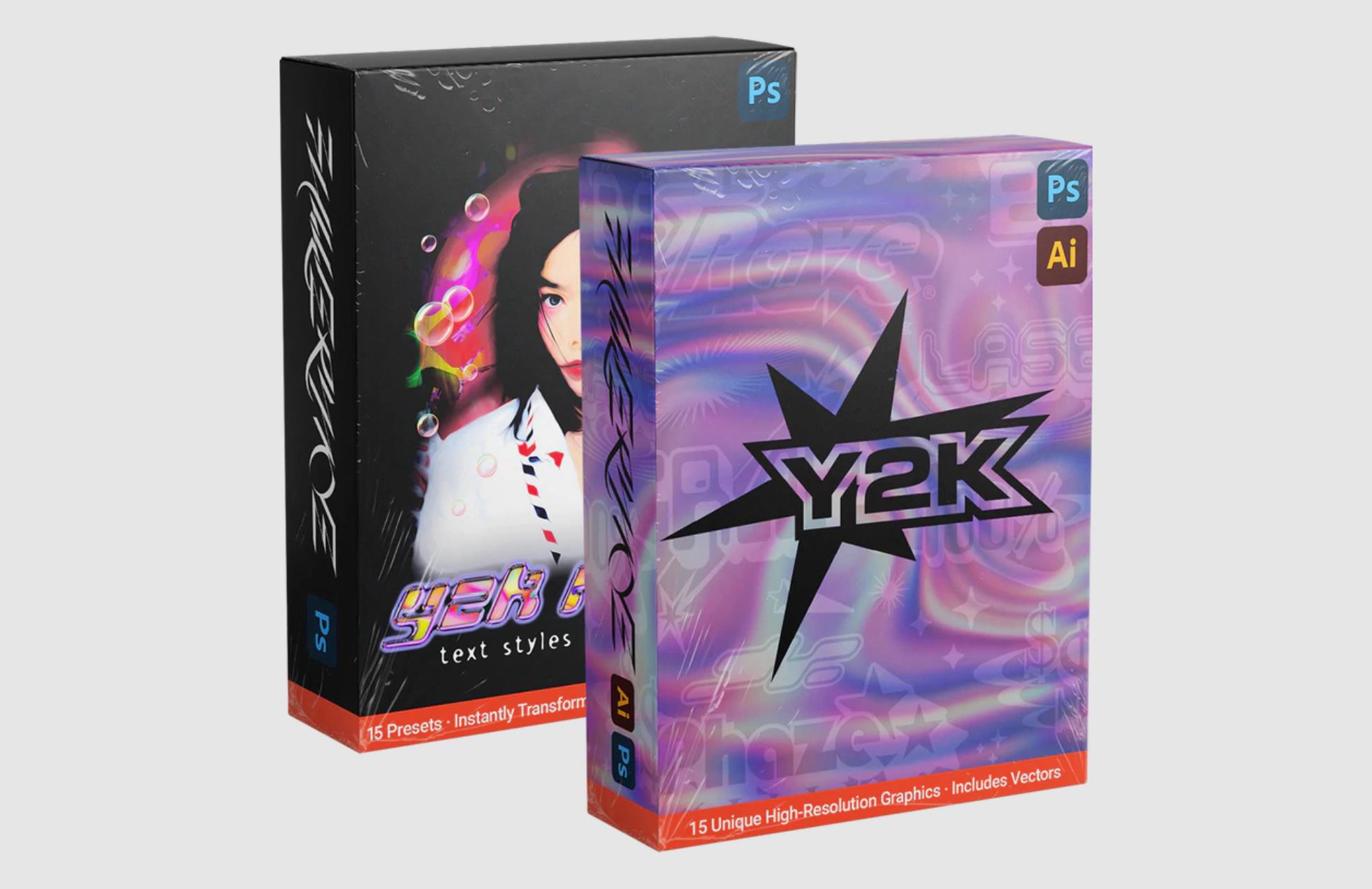 Y2K Elements Pack Vol. 1 15个彩虹色铬霓虹灯高强度和独特预设集合Rave文本样式包 – DUNEFILM