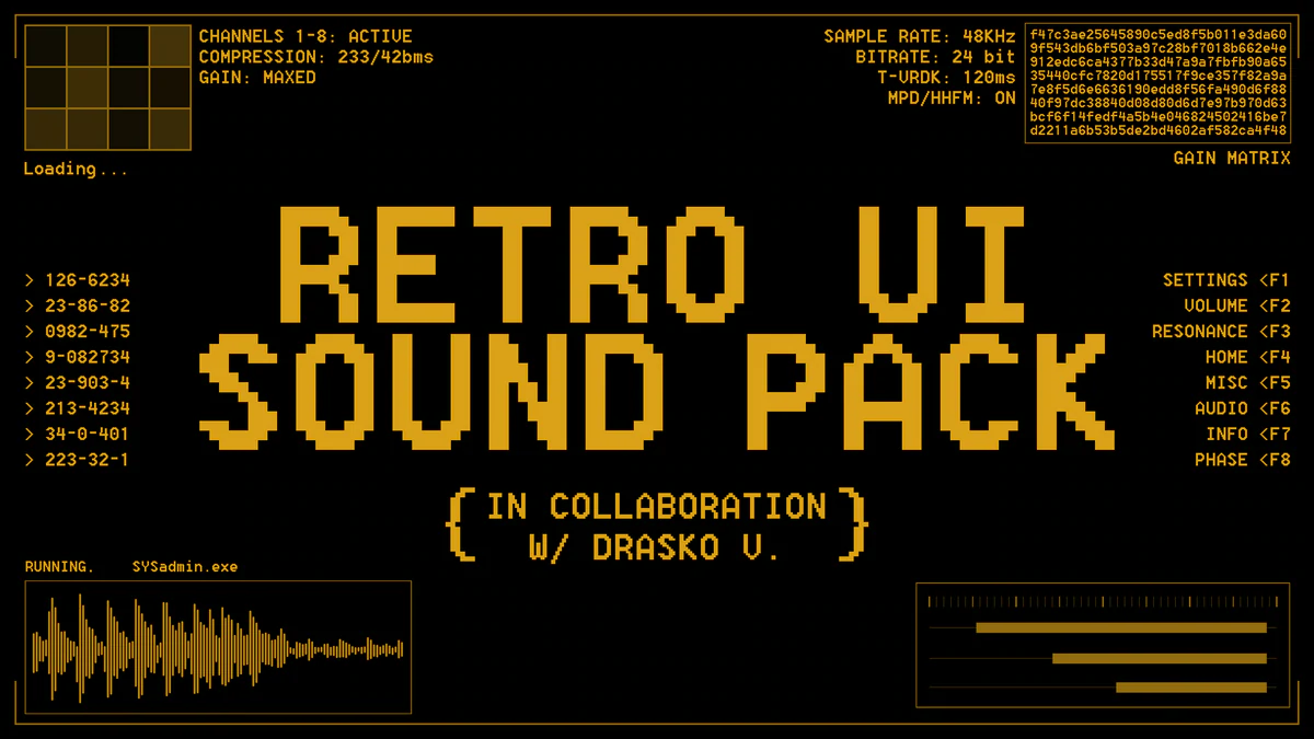 Retro UI Sound Pack – 300个循环复古电路故障、数据处理、机器噪音和界面咔嗒声 UI SFX音效包 – DUNEFILM