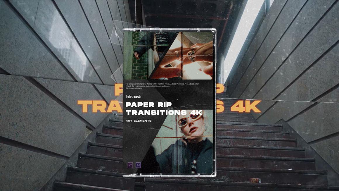 Blindusk 40多个新潮视觉撕纸胶带纸电影烧录燃烧4K转场过渡包 PAPER RIP TRANSITIONS（7809）沙丘影像中心